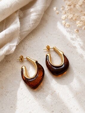 Amber Brown Resin Earrings, Gold Plated Studs, Gift for Her